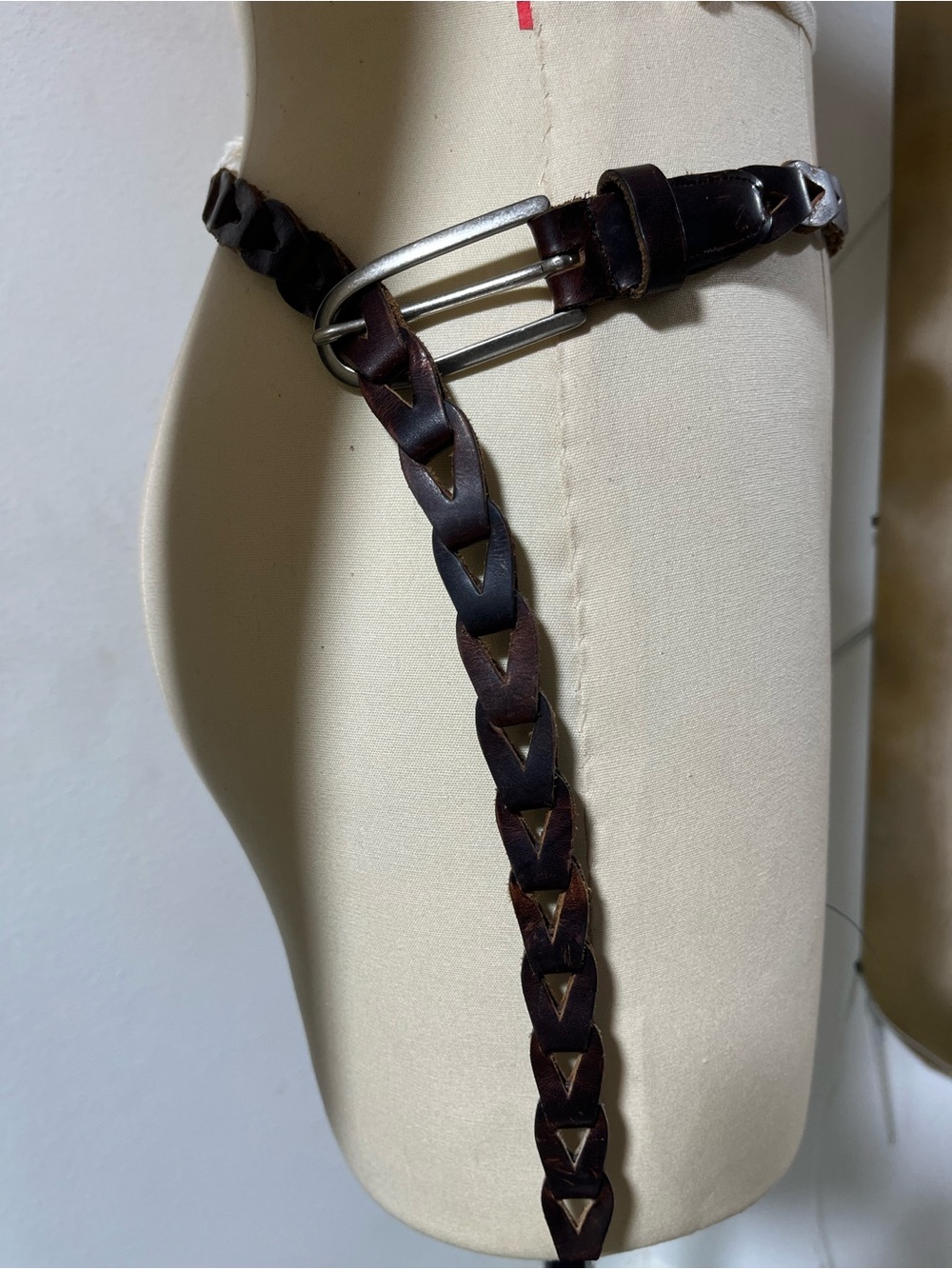 Vintage Genuine Leather Braided Skinny Belt Silver Buckle Size 32